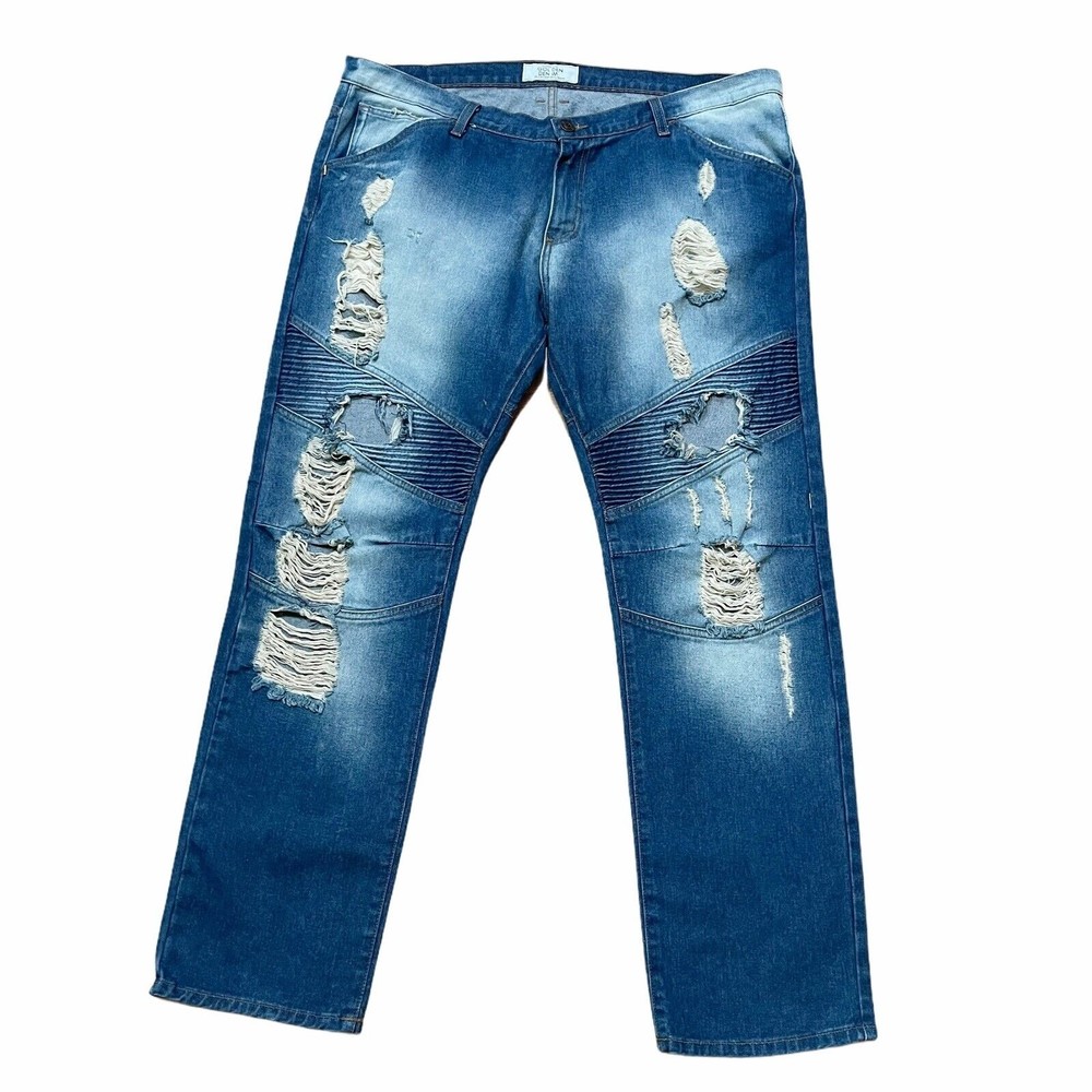Golden Denim Mens Jeans Size Tag 42 Actual 44 x 33 Very Distressed Straight Fit